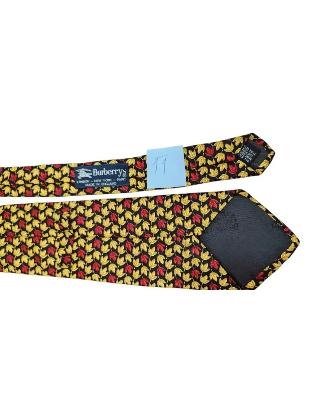Vintage Burberrys of London 100% Silk Tie Black Red Gold Leaf Print England